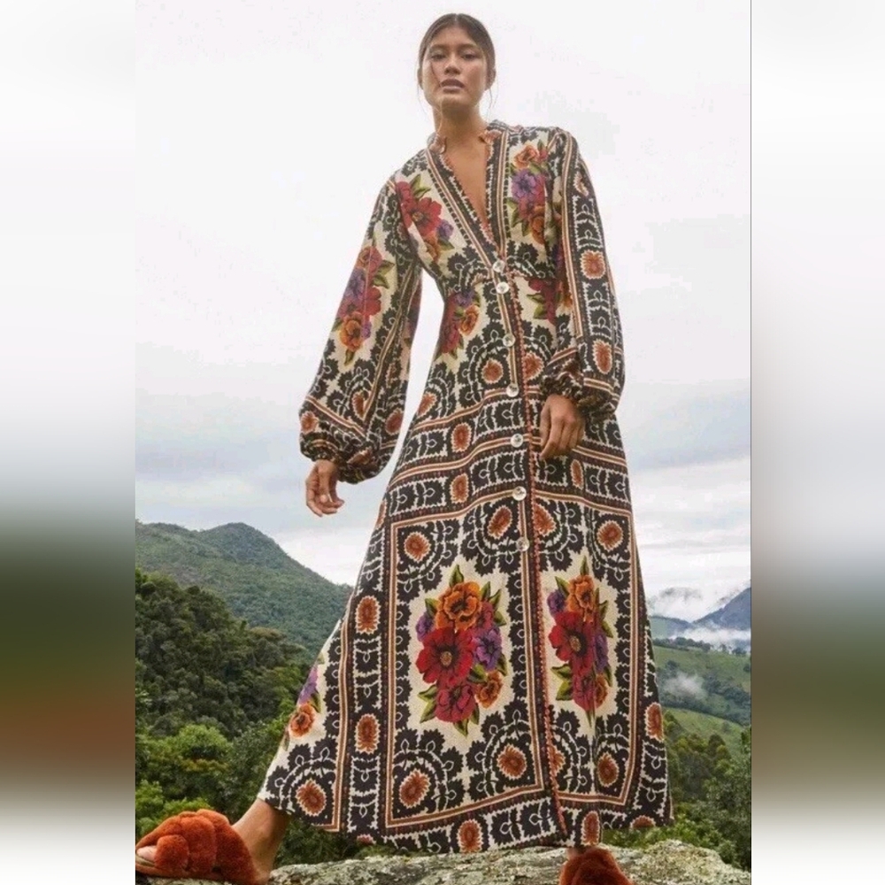 FARM Rio Black Floral Long Sleeve Maxi Dress with Pink and Orange Accents - Picture 2 of 6